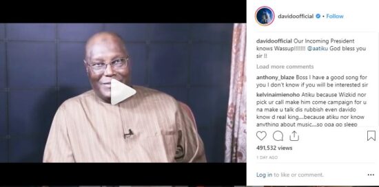 Davido Reacts to Atiku's Statement About Him