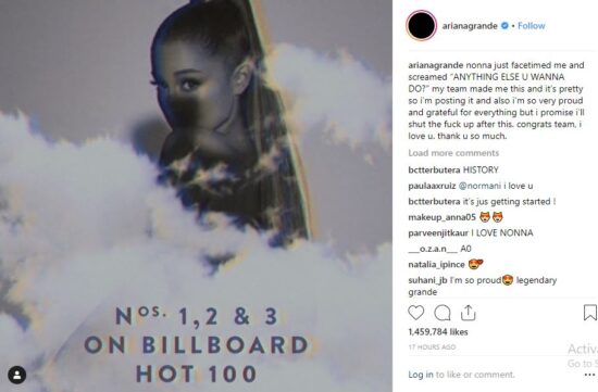 Ariane Grande's Songs Hit Nos 1-3 on BillBoard Hot 100