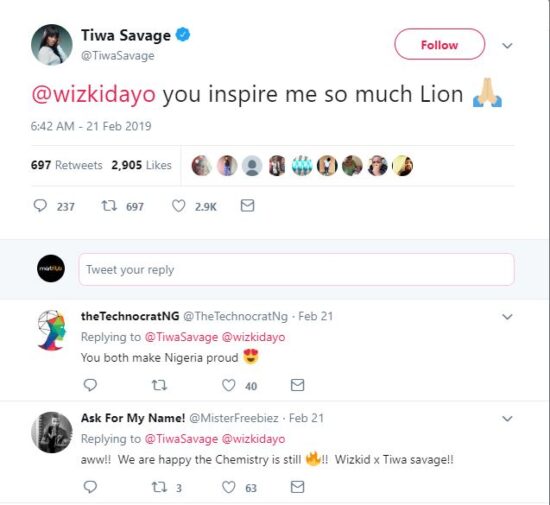 Nigeria Twitter Reacts as Tiwa Savage Praises Wizkid