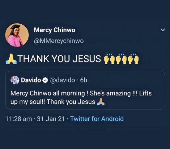 Davido appreciates Gospel Singer, Mercy Chinwo.