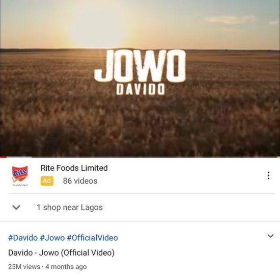 Davido Jowo streams on Youtube