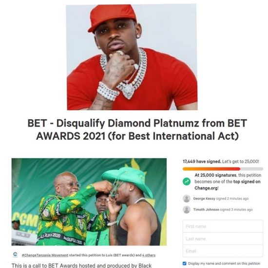 Tanzanians petition BET Award organizers to disqualify Diamond Platnumz from the Award race