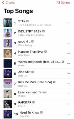 Wizkid and Tems cracks the top 10 US Apple top songs