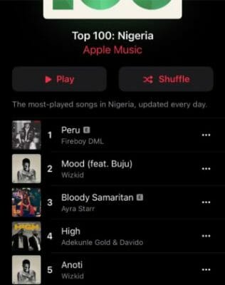 Fireboy DML surpasses Wizkid to take the top spot on the Apple Music Chart.